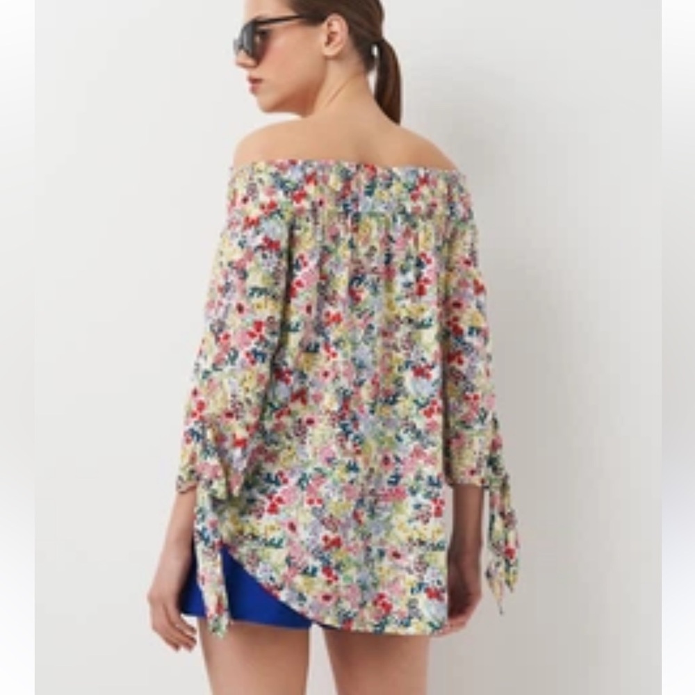 H&M MULTICOLOR FLORAL OFF THE SHOULDER CASUAL RELAXED STYLE TUNIC BLOUSE SIZE 14 - Picture 3 of 13